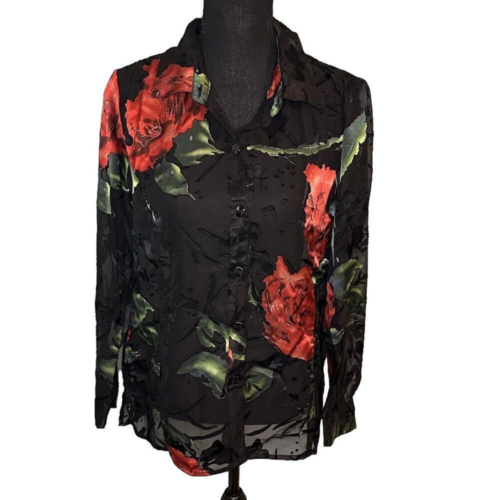 Vintage Erin London Sheer Black Red Rose Button Up Shirt Women’s Size S